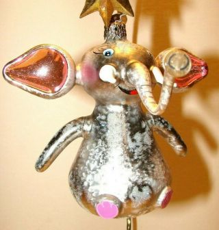 Vintage Christopher Radko Christmas Ornament Rare Elephant Silver Glitter Pink