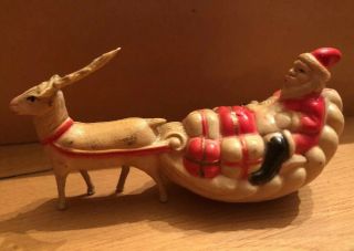 Antique Celluloid Santa In Sleigh With Reindeer 3 1/2 " W X 2 1/4 " Tall