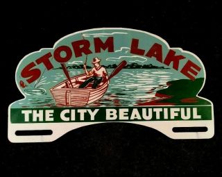 Vintage Storm Lake License Plate Topper Rare Old Advertising Sign Metal