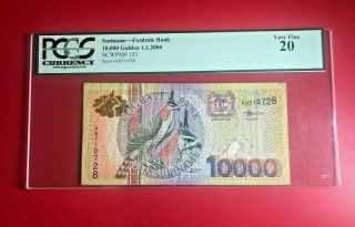 Suriname 10000 Gulden 2000 Millennium Bird Rare Bank Note Pcgs 20 Very Fine
