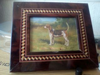 Antique Miniature Oils On Board In Wooden Frame Of A Dog In Countryside (3 Of 3)