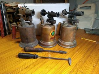 3 Antique Blow Torches,  Soldering Irons,  2 Dominions,  Sticker,
