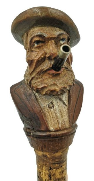 Vintage Rare Anri Old Smoking Man Wooden Carved Bottle Stopper Pourer