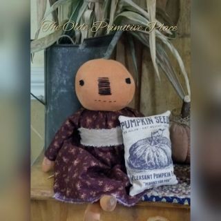Reserved Primitive Pumpkin Doll With Her Feedsack Pillow