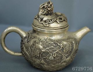 Ancient Collectable Handwork Old Miao Silver Carve Dragon Exorcism Noble Tea Pot