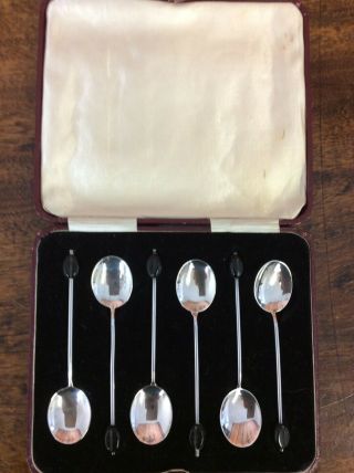 1930s Hallmarked Silver Coffee Bean Spoons Set Of 6 In Case