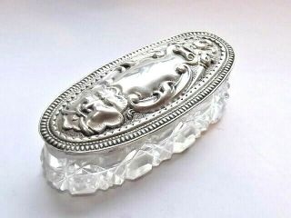 Antique Edwardian Solid Silver Lid & Glass Pin Trinket Ring Box Birmingham 1904