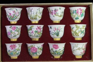 Collectable Auspicious Porcelain Paint Beauty 12 Set Flower Fairy Exquisite Cup