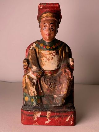 Antique 19thc Chinese Polychrome Figure Hand Carved Wooden Seated Nobility