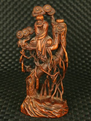 Unique Chinese Old Boxwood Hand Carved Pine Tree Bodhidharma Statue Netsuke