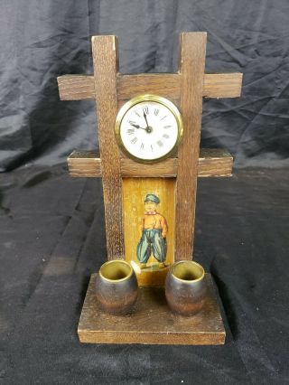 Antique German Mantle Clock Wooden Match Holder W/ Boy