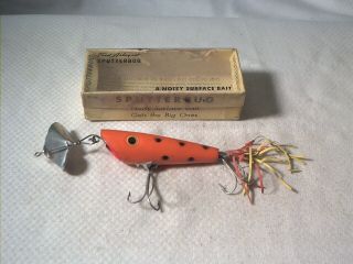 Vintage Old Fishing Lure Fred Arbogast Sputterbug Orange W/ Black Spots W/ Box