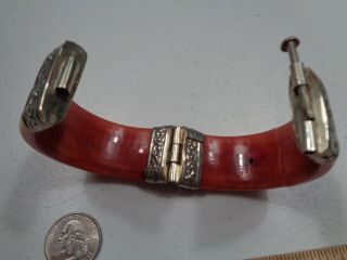 Estate Antique Bovine Bone Hinged Cuff Bangle Bracelet Pin Closure Repaired 2
