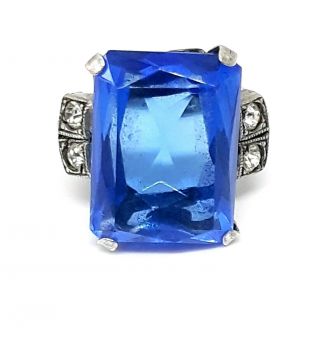 Rare Vintage Art Deco Sterling Silver Emerald Cut Cobalt Blue Paste Glass Ring 5