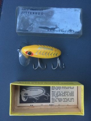 Vintage Jitterbug Fred Arbogast Fishing Lure Yellow & Silver Plastic Lure