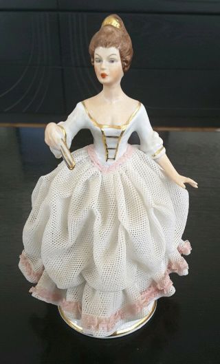 Antique Dresden Porcelain Lace Figurine - Lady In White Dress With Closed Fan 6 "