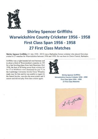 Shirley Griffiths Warwickshire County Cricketer 1956 - 58 Rare Autograph