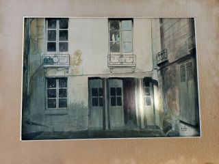 Antique Architectural Watercolor Painting " French Quarter " 1916 Signed E.  M.  R.