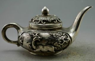 Collectible Old Handwork Tibet Silver Plate Carved Deer Tree Tea Pot Rn