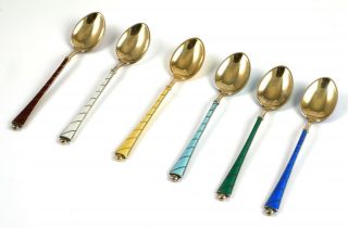 6 Small Denmark Sterling Silver Vermeil & Enameled Guilloche Spoons Set