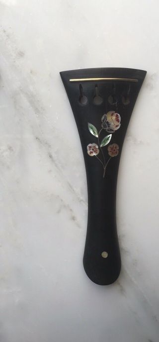 Antique 4/4 Violin Ebony Tailpiece With Mother Of Pearl Inlaid Design