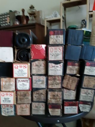 Approx.  35 Antique Player Piano Rolls,  Qrs,  Black Boxes And Assorted.