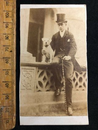 G Antique 1800s Mackintosh Gent & Terrier Dog Victorian B&w Photo Cabinet Card