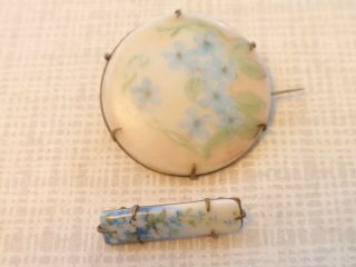 (2) Antique Victorian Hand Painted Porcelain Brooch Pin 