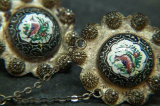 Lovely Antique Vintage Persian Hand Painted Enamel Silver Bird Earrings Af