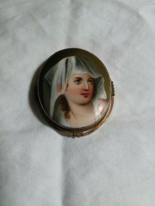Antique Hand Painted Veiled Woman Portrait Porcelain Brooch Pin