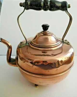 Antique Copper & Brass English Kettle With Turned Wood Handle Swan Neck & Beak