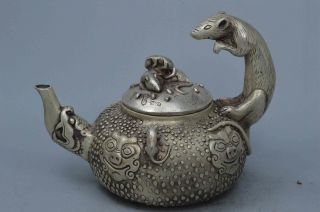 Old Collectable Handwork Miao Silver Carve Mice & Lion Exorcism Lucky Tea Pot