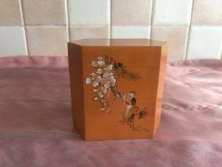 Wooden Oriental Box With A Bird & Blossom On One Side And Writing On The Other