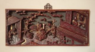 Antique Qing 19th C Chinese Carved Wooden Lacquered Gilt Furniture Panel C.  1880