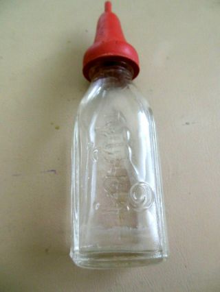 Vintage Doll Glass Baby Bottle W/rubber Nipple Embossed Dog On Back