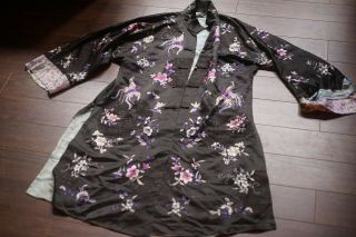 Antique Chinese Embroidery Silk Robe Kimono Black Purple Floral Butterfly Motif