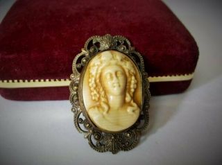Antique Victorian Celluloid 3 Dimensional Lady Cameo Brass Brooch