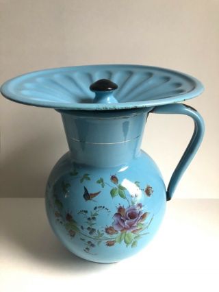 Rare Antique French Blue Enamelware Enamel Jug Floral With Unusual Funnel