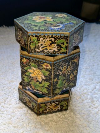 Chinese Cloisonne Black Enamel Blossoms Hexagon Trinket Canister Snuff Jewelry
