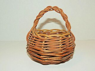 Vintage Small Round Hand Woven Wicker Basket W/ Handle,  Signed