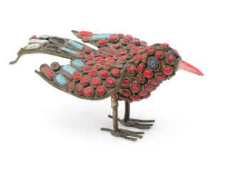Antique Chinese Tibetan Coral Turquoise Bead Brass Bird