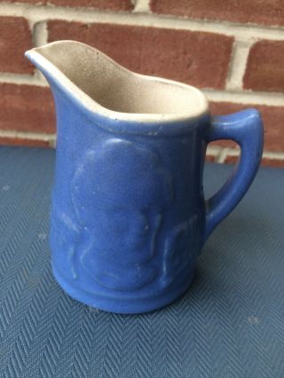 Antique Blue Uhl Pottery Abraham Lincoln Stoneware 1/2 Pint Pitcher Creamer