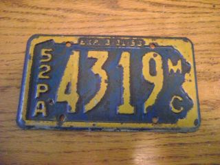 Motorcycle License Plate Indian Harley Davidson Antique Pennsylvania 1952 Nr