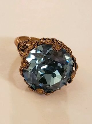 Art Deco Large Filigree Brass Rare Round Czech Glass Ring W/ Raised Facing