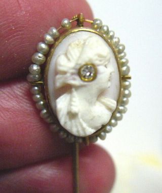 Antique 14k Gold Cameo Stick Pin Angel Skin Coral Seed Pearl Diamond 2.  2 Grams