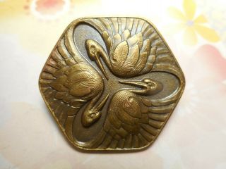 Large Art Nouveau 3 BIRDS Egret CRANE Modern Brass Button 1 - 5/16 