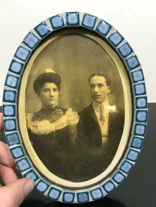 Antique Husband & Wife Oval Portrait Photograph Snakeskin Tile Frame