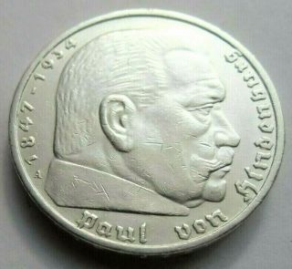 (792) Antique Wwii German 3rd Reich 1936 A 5 Reichsmark Silver Coin