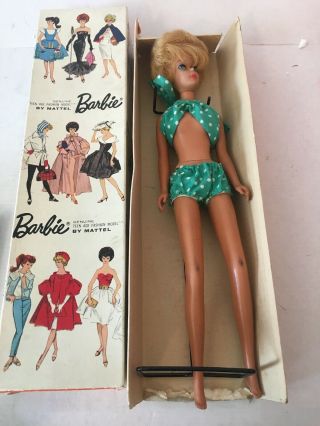Vintage 1962 Blond Barbie Doll (bubble Cut) Box Stand Polka Dot Bikini