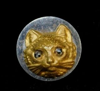 Sm Antique Vtg Metal Button Brass Kitty Cat Face W Cut Steel Eyes Enchanting 13m